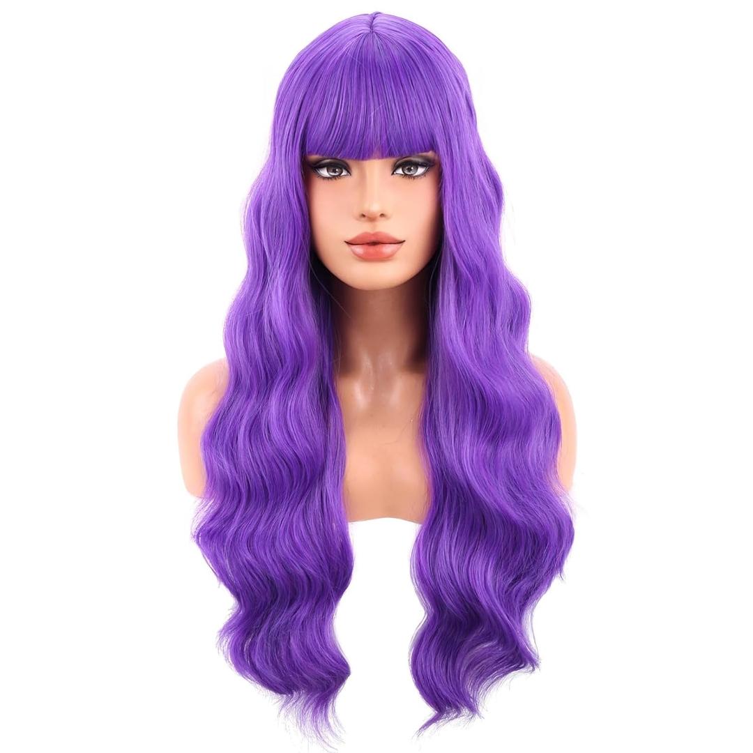 BERON Dark Purple Long Curly Wavy Wig with Bangs for Women Girls Purple Heat Resistant Synthetic Wig Cosplay Costume Party Daily Wigs