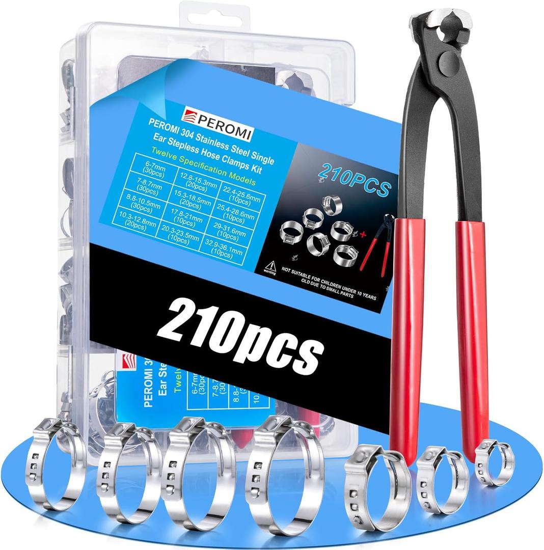 210PCS 304 Stainless Steel Single Ear Hose Clamp Assortment Kit - 12 Sizes (6-36.1mm) Stepless Adjustable Cinch Clamps with Pincer Tool for Automotive, Plumbing, Garden & Industrial Use