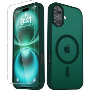 YENAPOON for iPhone 17 Case, Matte Magnetic Phone Cover [with 1 Screen Protector] [Support for MagSafe] [Shockproof Military Grade Protection] Translucent Frosted Back, Dark Green