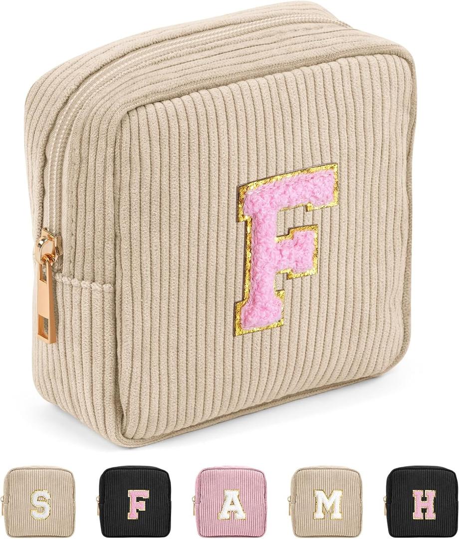 MAGEFY Makeup Bag for Purse Initial Bags with Zipper Mini Cosmetics Bag Corduroy Cute Cosmetic Pouch for Women with Slip-in Pockets (Beige-F)