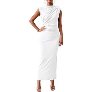 BTFBM Women's Ruched Bodycon Dress Summer Casual Sleeveless Lightweight Back Slit Elegant Club Party Cocktail Maxi Dresses (Large, White)