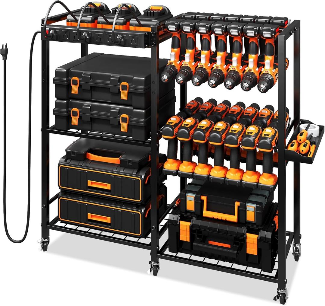 TC-HOMENY Power Tool Organizer Cart with Charging Power Strip, 28 Drill Tool Garage large Storage Racks with Wheels, Heavy Duty Tools Organizer Station, Festive Gifts for Men Dads