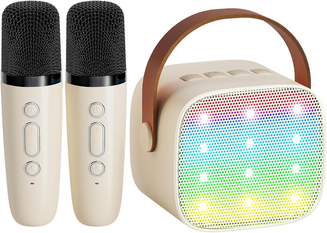 YLL Mini Karaoke Machine with 2 Wireless Microphones for Kids Adults, Portable Bluetooth Speaker Gift for Girls Boys Toys 3, 4, 5, 6, 7, 8, 10, 12+ Years Old Teens Birthday Home Family Party (Cream)