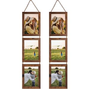 Lavezee 5x7 Collage Triple Picture Frames Set, Walnut Brown 6 Opening Hanging Vertical Frame Made to Display 5 by 7 Inch Photo Print for Wall Decor