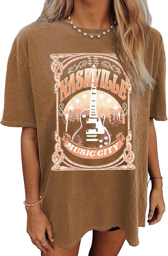 Nashville Music City T-Shirt Women Country Music Oversized Shirts Rock Band Tshirt Vintage Guitar Wings Graphic Tees, L