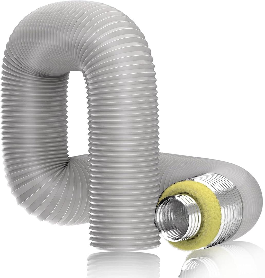 Hon&Guan 4'' Insulated Flexible Duct - 8 FT Noise Reducer Hose, Insulated Duct for Exhaust Fan Ductwork Insulation, Heating & Cooling HVAC Ventilation with 2 Clamps, Grey