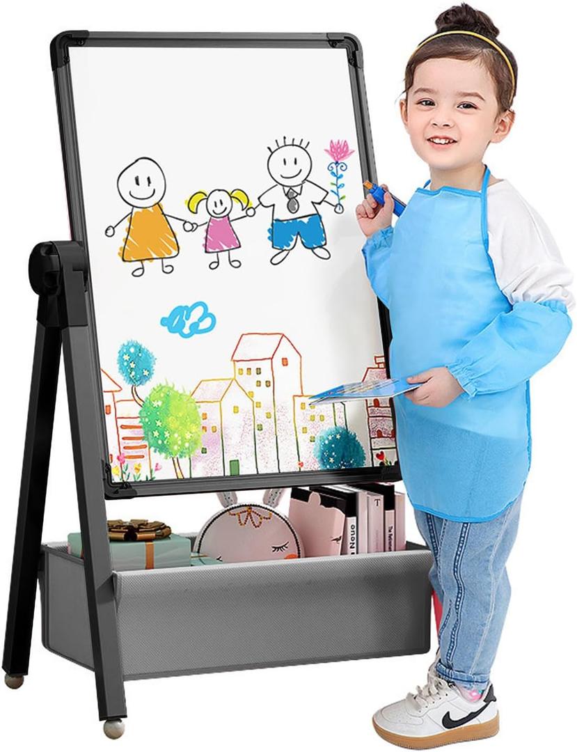 Art Easel for Kids, Double Sided Kids Easel Drawing Board, Whiteboard & Blackboard, 360Rotating Adjustable(Black)