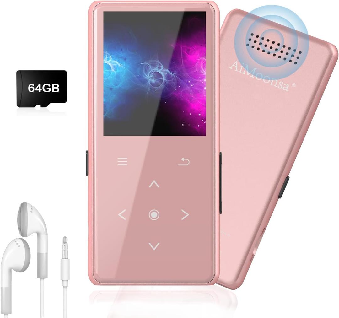 64GB MP3 Player with Bluetooth 5.2, AiMoonsa Music Player with Built-in HD Speaker, FM Radio, Voice Recorder, HiFi Sound, E-Book Function, Earphones Included