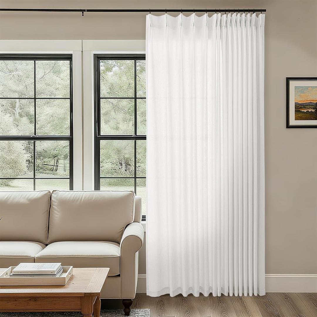 Ivory White Patio Sliding Door Curtains 100 Width 102 Inches Long Pinch Pleated Curtain Drape with Hooks Rings Light Filtering Semi Sheer Extra Wide 100x102 Drapes Panel for Living Dining Room Birch