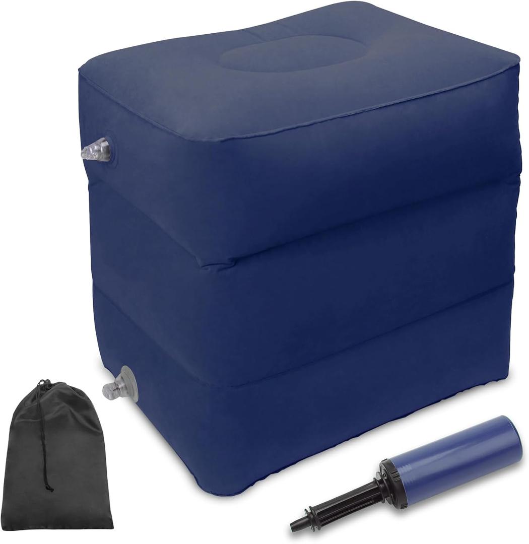 Travel Foot Rest Pillow, AHIER Inflatable Travel Leg Rest Pillow Bed for Foot Rest on Airplanes, Cars, Trains, Office to Rest on Long Flights (Deep Blue)