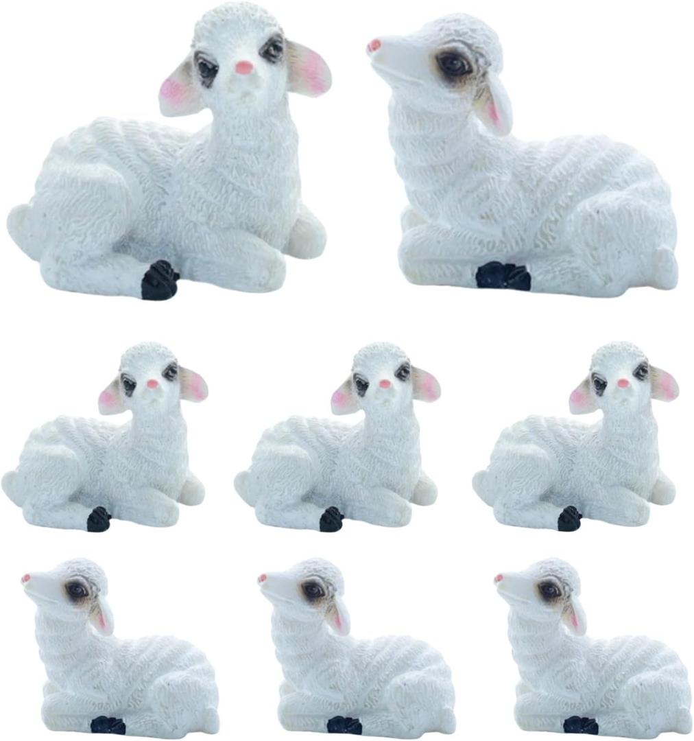 Mini Sheep Figurines for Fairy Garden, Lamb Figurine Resin Animals Miniature Shepherd FigurineTiny Garden Animals Ornament for DIY Terrarium Decor Crafts Nativity Sets and Cake Topper 8Pcs