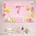 Happy 7th Birthday Backdrop Banner - 7 Birthday Party Decorations Supplies for Girls - Pink 3.9 x 5.9ft