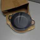 Jingmore 2 Sets Mini Cast Iron Skillet with Wooden Base Small Cast Iron Plates Skillet Pan Round Fajita Plate Hot Steak Pot Dish for Baking Cooking(7.5 Inch)