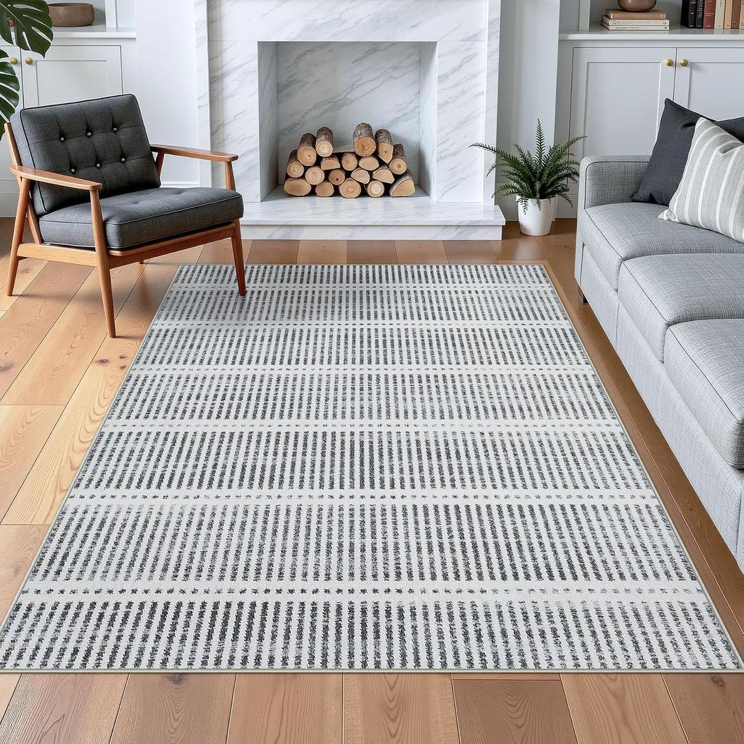 Tribesigns Ultra Thin 5x7 Washable Area Rugs for Living Room, Modern Non-Slip Rugs for Bedroom Dining Room, Grey Striped Farmhouse Large Indoor Carpet for Playroom Entryway
