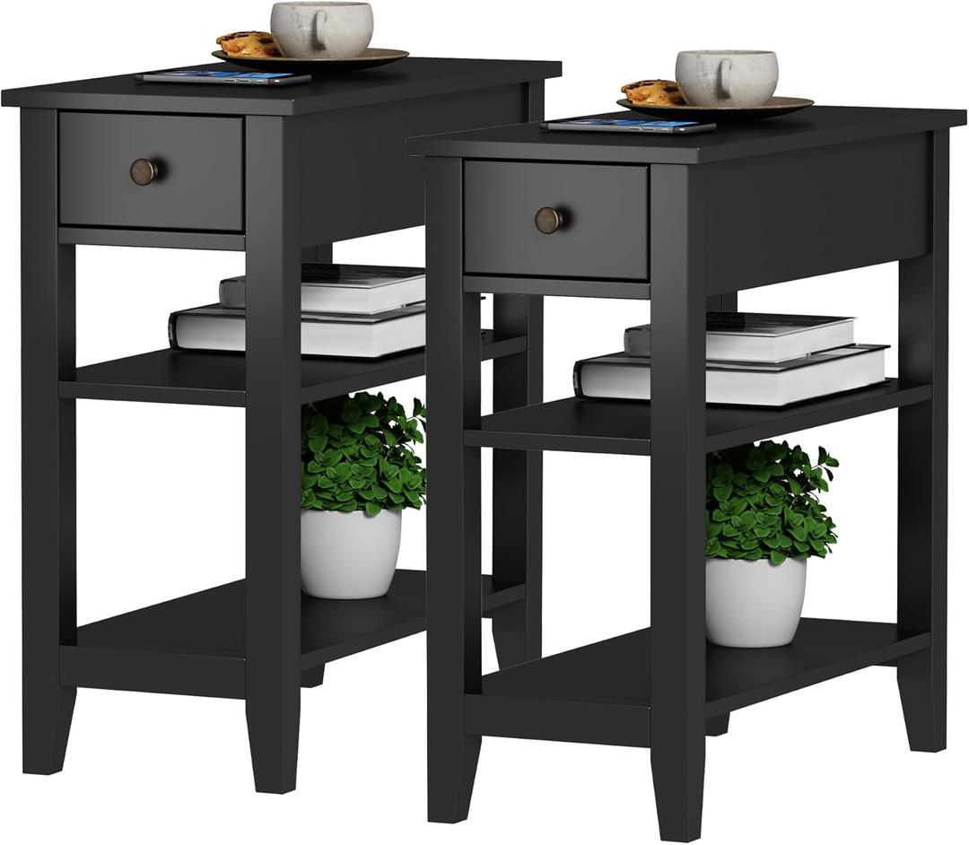 ChooChoo Side Table Living Room Set of 2, Narrow End Table with Drawer and Shelf, 3-Tier Sofa End Table for Small Space (Ink Black)