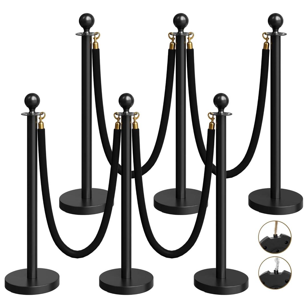 6 Pack Black Stanchions and Velvet Ropes Set, Stainless Steel Crowd Control Barriers, 4Pcs Black Ropes and Poles for Party Supplies,Photobooth Accessories, Prom,Birthday,Business,Wedding, Museums
