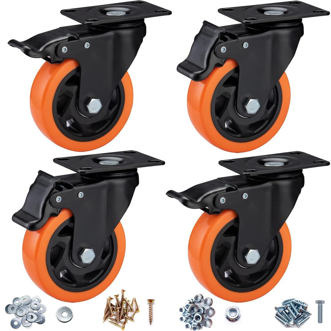 Caster Wheels, Heavy Duty 4 Inch Casters Set of 4, Locking Swivel Casters Wheels for Cart, Furniture and Workbench, Orange