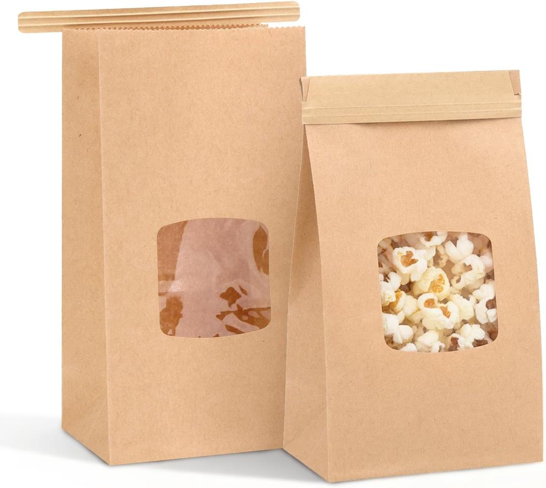Moretoes Small Cookie Bags with Window, 55pcs 3.54x2.32x6.69in, Seal by Tin Tie Tab, Brown Kraft Paper Bakery Bags with Window for Cookie Coffee Bread Pastry Treat Bakery Gift Giving Packing (Mini)