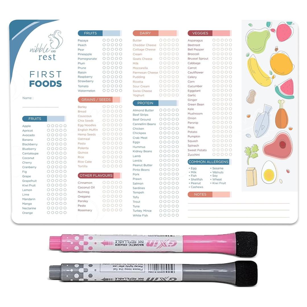 Nibble and Rest Baby's First Foods Tracker Fridge Magnet, Dry Erase Activity Poster, Daily Food Log, 101 Before One, Baby Food Chart/Checklist 25x35cm