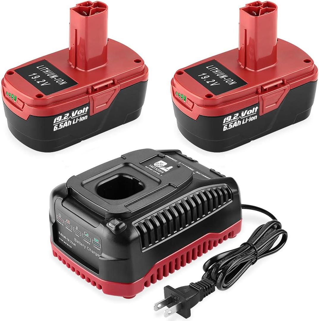 2Pack 6.5Ah C3 Lithium Battery Replace for Craftsman 19.2 Volt Battery + for Craftsman 19.2V Charger for XCP 130279005 1323903 130211004