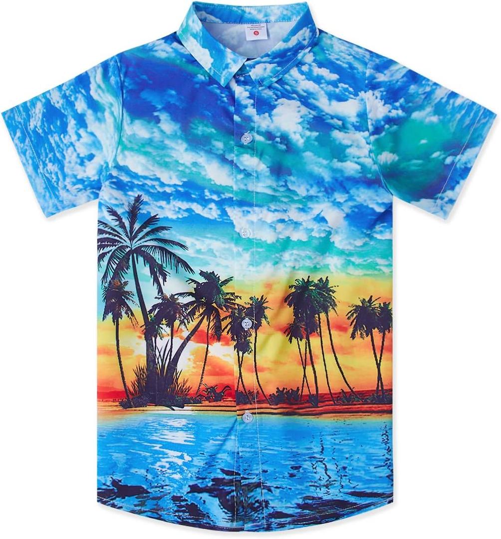 westwolf Little Big Boys Hawaiian Shirts Button Down Short Sleeve Tops Hawaiian Shirt for Kids 3-14T (7-8 Years, 02 Blue Palm)