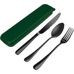 Portable Cutlery Set With Case - 18/8 Stainless Steel Spoon and Fork for Lunch Box, 3 PCs Silverware Ideal for Travel, Camping, Office (black,green)