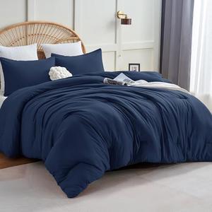 CozyLux Navy Blue Comforter Set Queen Size, 3 Pieces Solid Breathable Quilted Style Bedding Sets, Luxury Fluffy Soft Microfiber Comforter for All Season (1 Comforter & 2 Pillowcases)
