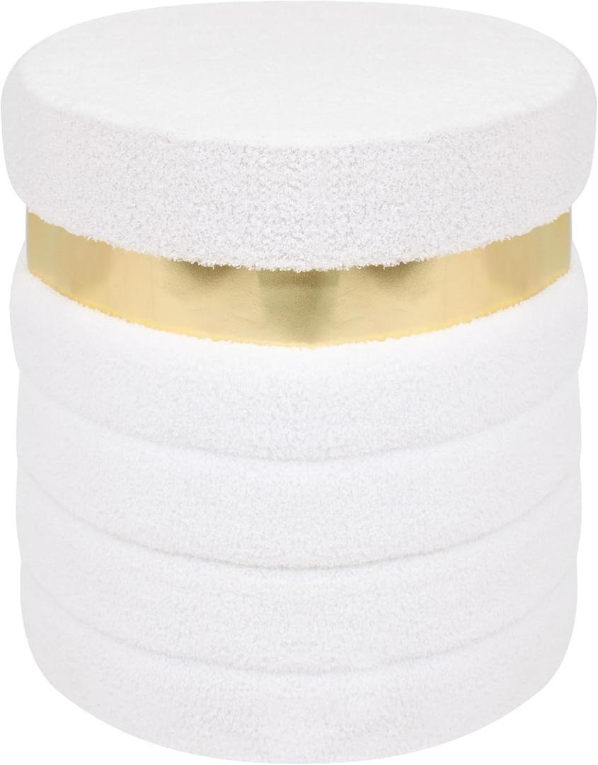 Round Storage Ottoman, Foldable Vanity Stool with Soft Padded, Boucle Foot Stool for Dorm Room, Living Room and Bedroom, White