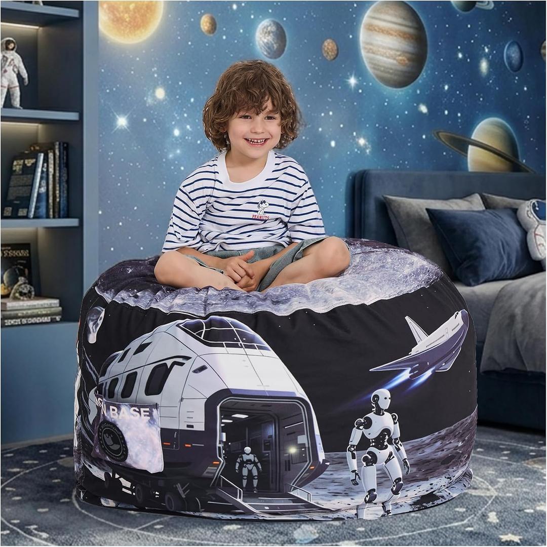 3FT Moon Base Print Bean Bag Chair for Kids Teens,Memory Foam Removable Washable Bean Bag Cover,Stuffed Animal Toy Storage, Space Decor for Bedroom Playroom Dorm Bean Bag Sofa