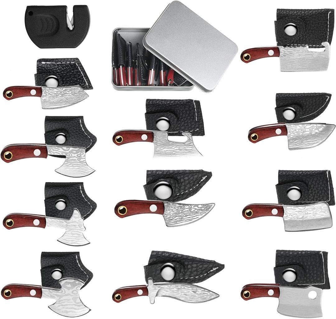 Qunclay 11 Pieces Mini Pocket Knife Set Tiny Knife Damascus for Women Men Axe Shape Mini with Pocket Sharpener and Box for Beer Bottle Opener and Package Box
