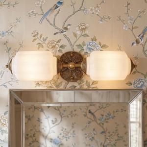 Vintage Milk Glass Bathroom Vanity Light – 2-Light Hand-Blown Green Wall Sconce, Antique Brass Finish, Vertical or Horizontal Mount, Mid Century for Mirror, Bedroom, Hallway