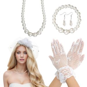 Heliltd 5Pcs Fascinators for Women Tea Party Fascinator Hat for Women Veil Tea Party Hats and Gloves Set (0-1, White)