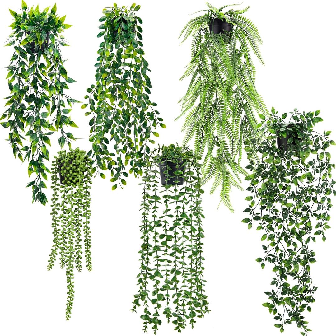 Der Rose 6Pcs Fake Plants Hanging Artificial Eucalyptus Vines Faux Potted Hanging Plants Indoor for Bathroom Kitchen Wall Shelf Outdoor Decor