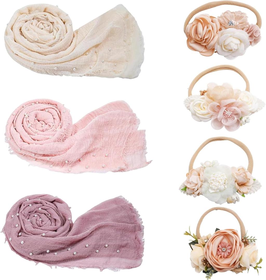 7 Pcs Newborn Photography Props Wrap Kits 3 Pcs Baby Wraps 4 Pcs Flower Headband Baby Photoshoot Props Photo Supplies for Boy Girl Infant Toddler