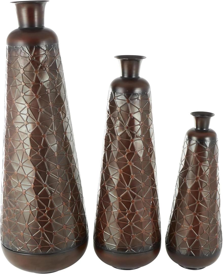 Deco 79 Metal Decorative Vase Tall Teardrop Shaped Centerpiece Vases with Hammered Texture, Set of 3 Vases for Home Decoration 53", 43", 32" H, Dark Brown