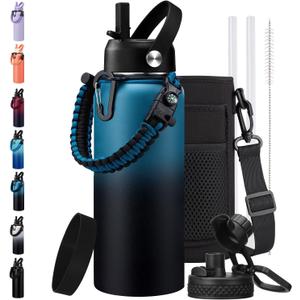 BENZZO 32/40/64/128oz Water Bottle with Straw Auto Spout Lid Keep Cold 48h, Insulated Water Bottles 32 oz with Strap Carrier, Protective Boot & Paracord Handle (Indigo Black)