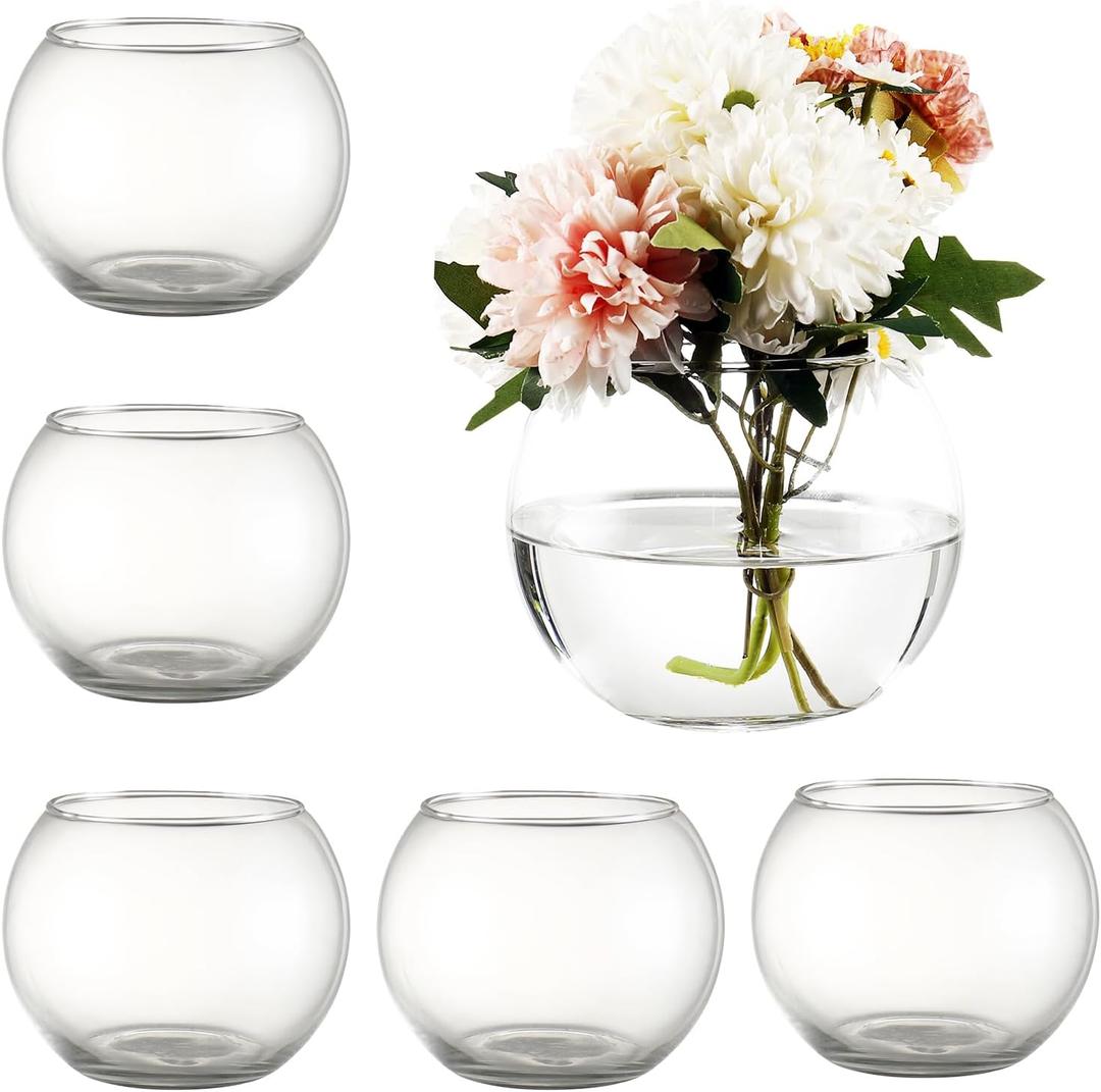 Round Glass Vases Set of 6, Clear Flower Vases for Centerpieces, Glass Bowl Vase, Small Round Vase for Living Room, Bedroom, Kitchen, Dining Table, Office, Wedding, 4 Inches
