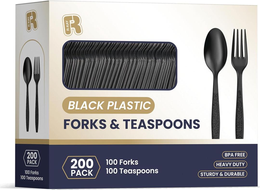 200 Count Black Plastic Silverware Heavy Duty - Black Plastic Forks And Spoons Set - BPA Free Plastic Utensils Set - Heat Resistance Cutlery For All Occasions