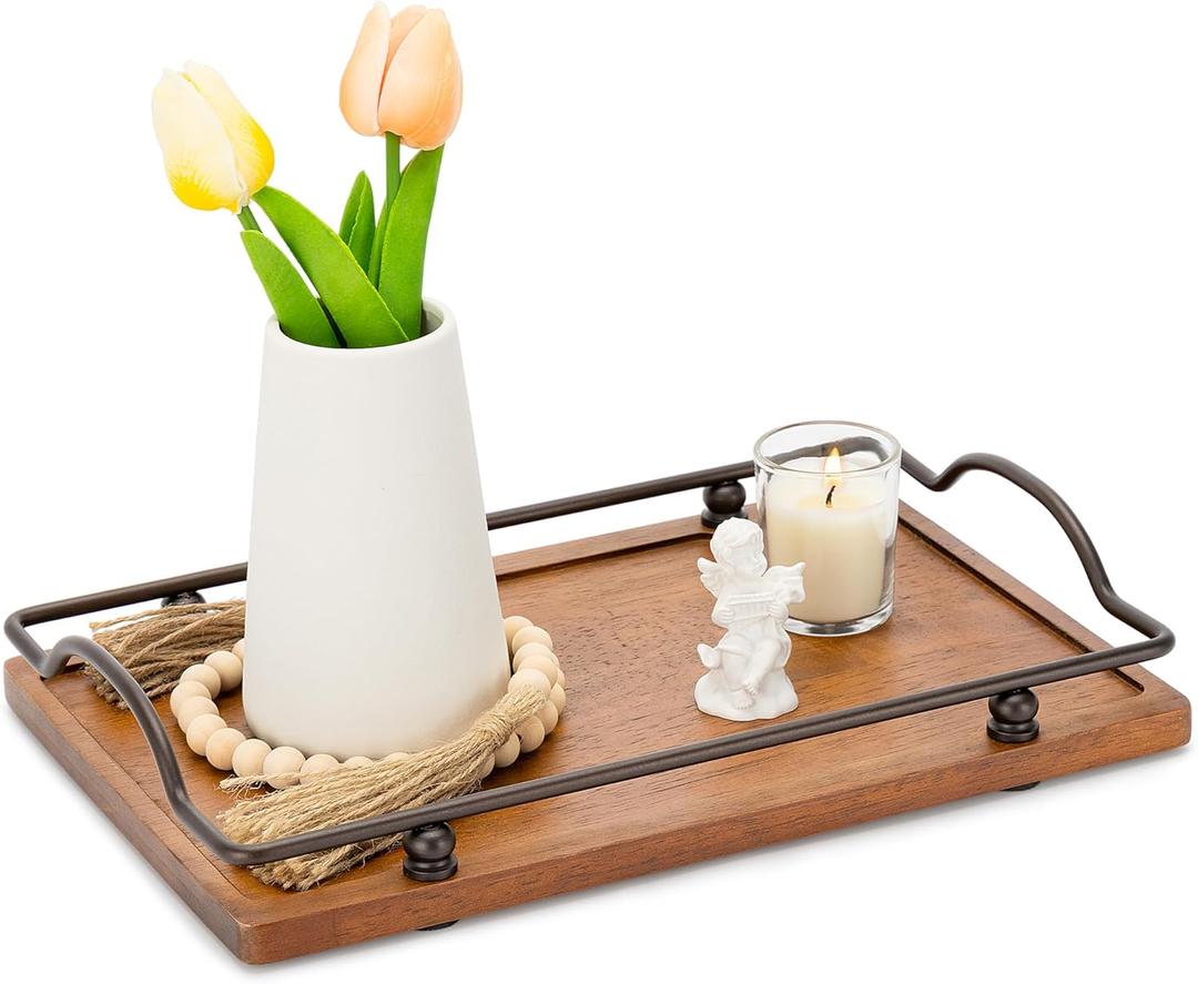 Wood Serving Tray with Handles, Wooden Decorative Tray for Serving Food, Platter for Breakfast, Lunch, Dinner, Appetizers, Ottoman, Living Room, Coffee Table Kitchen Party Patio BBQ,16" Lx9 W