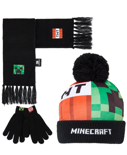 Minecraft Unisex 3 Piece Winter Set Bobble Hat Gloves Scarf Warm Comfortable