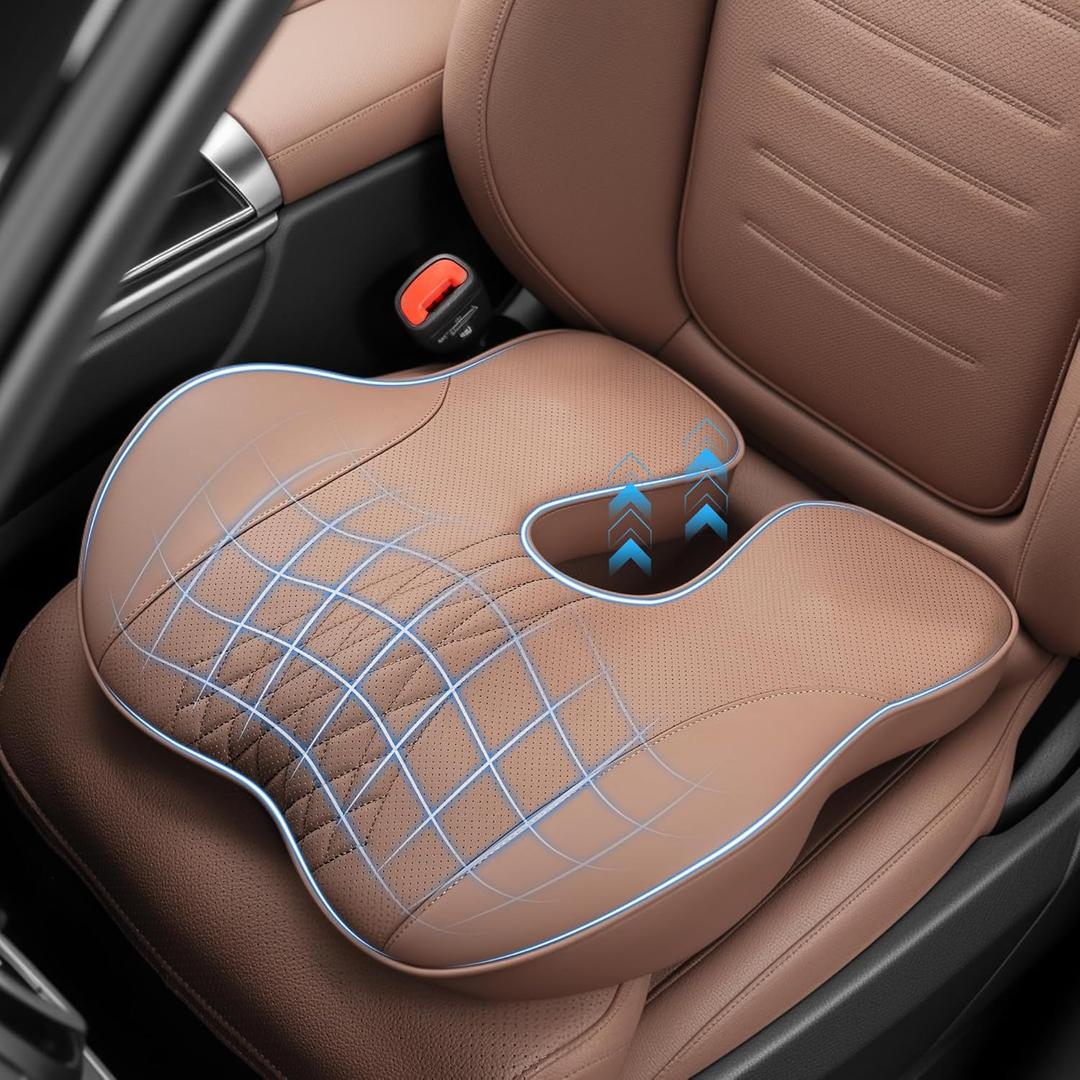 Leather Car Seat Cushion,Office Chair Cushion Non-Slip Cushion Ergonomic Office Desk Accessories for Tailbone Pain Relief Extra-Dense Memory Foam for Hip Tailbone Coccyx Sciatica Brown Seat Cushion