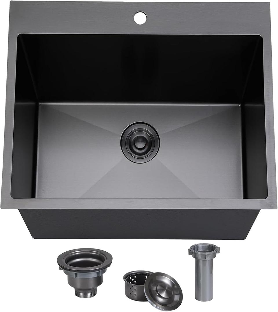 SHACO 18x18 Inch Drop In Black Bar Sink, 18 Inch Gunmetal Black Top Small Mount Kitchen Sink, 304 Stainless Steel 16 Gauge Single Bowl Laundry Prep RV Sink with Strainer Drain, Color: Gunmetal Black