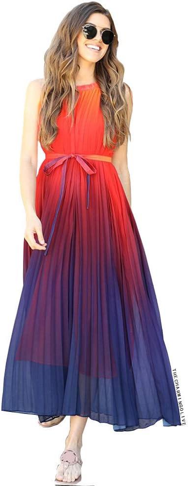 CHICWISH Women's Splendor of The Sunset Orange Violet Halter Neck Gradient Pleated Maxi Slip Chiffon Dress (X-Large-XX-Large, Purple-regular)