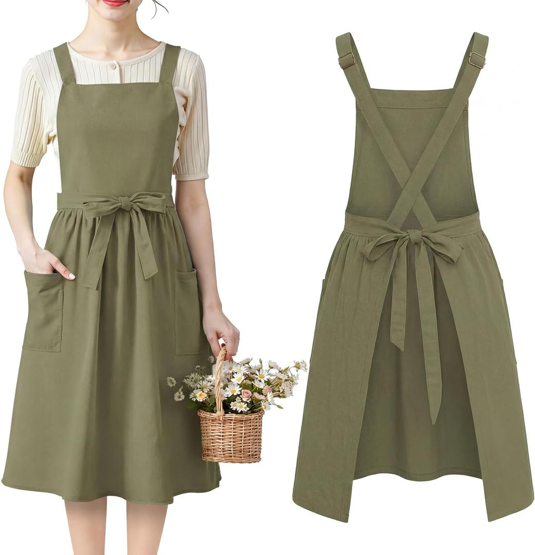 100% Cotton Aprons with Pockets Pinafore Dress for Women Vintage Cute Aprons for Kitchen Baking Gardening Painting (Khaki Green)