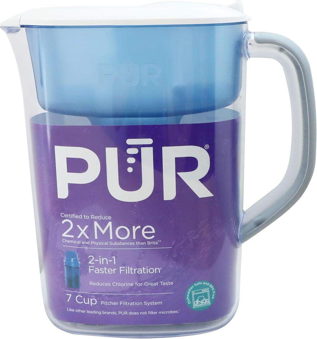 PUR 7-Cup Water Filter Pitcher, Cleaner, Great-Tasting Water, Dishwasher Safe, Powerful, Faster Filtration, LockFit Cap Design - White