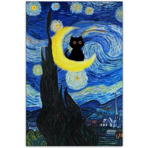 CAXIYSH Starry Night Black Cat Canvas Wall Art Cute Funny Cat Poster Famous Impressionist Oil Paintings Abstract Farmhouse Gallery Aesthetic Room Wall Decor 16X24 inch Unframed