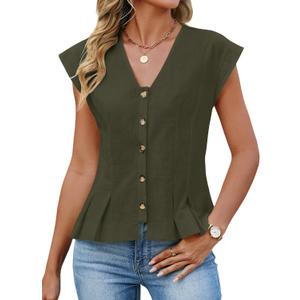 Womens V Neck Crop Tank Tops Cap Sleeve Spring Summer Blouse Button Down Shirts Going Out Vests Top Trendy 2026 (Green, S)
