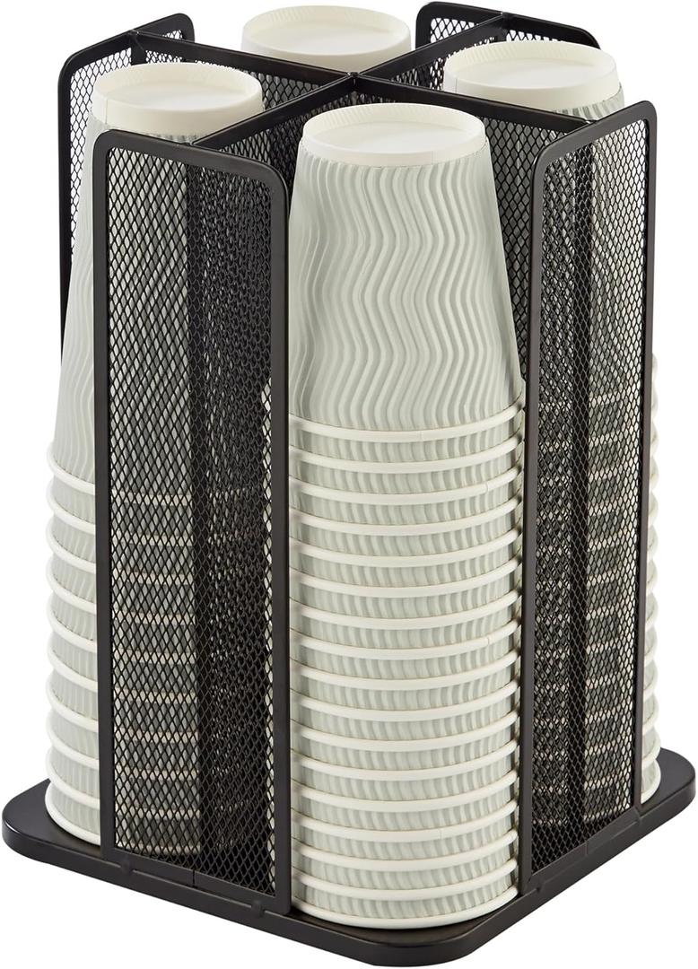 Annova Paper/Plastic Cup and Lid Holder Plastic Storage Organizer, 360Rotating Coffee Mup Dispenser with 4 Compartments, Multifunctional Storage Rack for Home, Office, Bar, Coffee Shop (Black)