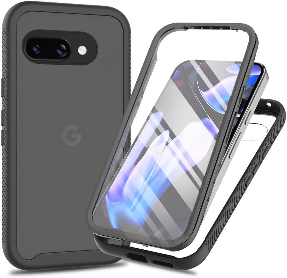 for Google Pixel 9A 5G Case, for Google Pixel 9A Phone Case with Built-in Screen Protector Clear Slim Back Cover Shockproof Rugged Heavy Duty Bumper Full Body Protective Case, Black