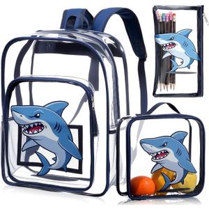 3 Pcs Kids Clear Backpack with Lunch Bag Pencil Case 16" Heavy Duty Transparent Bookbag for Boy Girl School Supplies(Shark,Navy)
